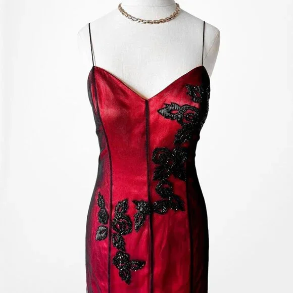 Vintage Y2K Burgundy Red Floral Beaded Embroidered Mesh Bodycon Maxi Prom Dress - Picture 7 of 10